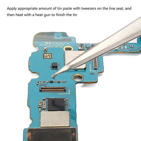 Applying Professional Solder Paste For Electronics Pros And Diyers 183C Melting Point High Viscosity on PCB with tweezers