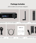 A80 Bluetooth Stereo Amplifier DAC package with remote, antenna, cables, and power adapter components laid out.