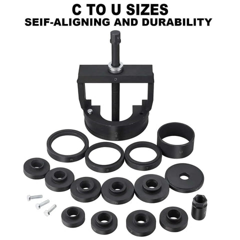 Ultimate Wheel Hub Removal Tool Set With C To U Sizes Front And Rear Wheel Bearing Remover And Installer Kit displayed.