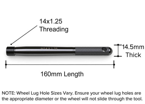 Wheel Lug Bolt Alignment Pin Guide Tool With Knurled End M14x1.25 Metric Threads, 160mm length, 14.5mm diameter, threaded end visible