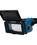 Boss Grade Auto Darkening Welding Goggles Heavy Duty Industrial Safety Glasses With Lightning Shade Switch For Grinding Soldering And Precision Steel Fabrication In Navy Blue, shown from the side with open lens cover.
