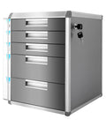 Absolute Game Changer 5 Drawer Metal Desk Organizer With Locks, Slim Desktop File Cabinet For Cable Sorting, Silver Grey unit with keys.