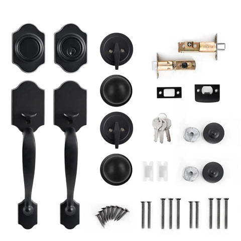 Double Front Door Handle Set With Knobs Matte Black Finish Keyed Handle And Dummy Front Door Lock Ideal For Double Doors