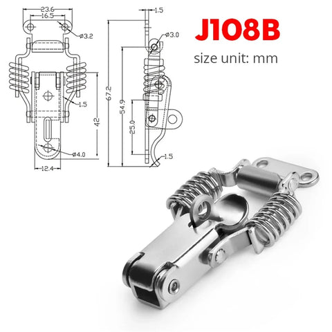 Heavy Duty Sliding Door And Window Latch Kit Includes Five Premium Spring Loaded J108B Hasp Catches Made From Mild Steel For Secure Cabinet Box Hardware Installation That Keeps Everything Locked Tight And Ready To Go. J108B mild steel spring latch, mm dimensions, silver finish