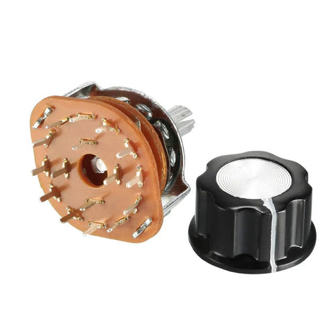 6mm Shaft Band Selector Rotary Switch with Four Poles and Three Positions, single deck, 16 pin, with black plastic knob, DIY audio gear.