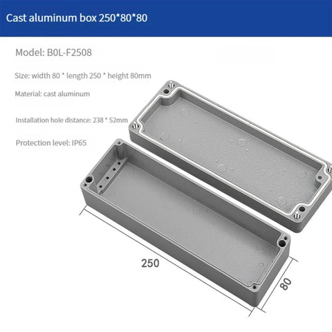 Cast aluminum junction box, two-piece with lid open, 250x80x80 mm, IP65 outdoor enclosure