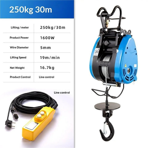 250kg Electric Hoist with Wireless Remote Control and 30M Lifting Capacity featuring 1600W Copper Motor for industrial use.