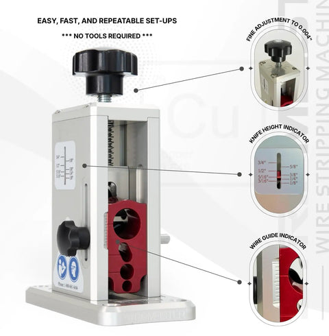 Pro Drill Powered Wire Stripper With Ultra Grip Feeder Jam Free Performance Durable Portable Copper Wire Stripping Machine for Pros and DIYers, showing fine adjustment and indicators for wire height and guide.