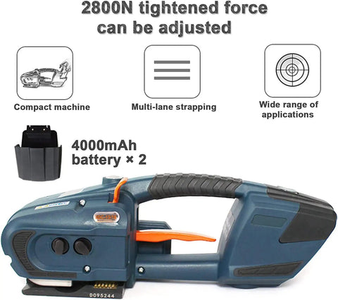 Heavy Duty Handheld Electric Strapper With Built In Battery Automatically Tensions Welds And Cuts Pp Pet Straps No Sweat Setup Tight Packages For Shipping Cargo side view with display features and battery compartment.
