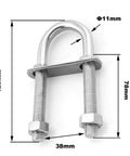 Image of Stainless Steel Boat U Bolt Kit With Flanges And Nuts For Marine Tie Down Bow And Stern Eye One Half Inch Diameter Three Inch Thread Length Five Inch Total Length Center To Center About One Point Five Inches showing dimensions.