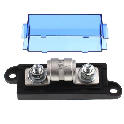 Class T Fuse Block 300 Amp 150Vdc Ir10ka Slow Blow Fuse Holder with a protective blue cover.