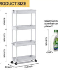 Image showing Slim 4 Tier Rolling Storage Cart On Wheels For Tight Spaces, product dimensions on display, gray color.