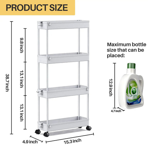 Image showing Slim 4 Tier Rolling Storage Cart On Wheels For Tight Spaces, product dimensions on display, gray color.