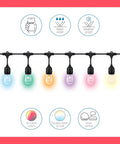 48Ft Color Changing Outdoor String Lights With Weatherproof Design No Fuss Adapter Included Control Via Connected App And Voice Control Easy WiFi Setup For Smart Home Ambience with multicolor bulbs and features icons.