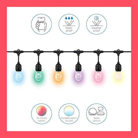 48Ft Color Changing Outdoor String Lights With Weatherproof Design No Fuss Adapter Included Control Via Connected App And Voice Control Easy WiFi Setup For Smart Home Ambience with multicolor bulbs and features icons.