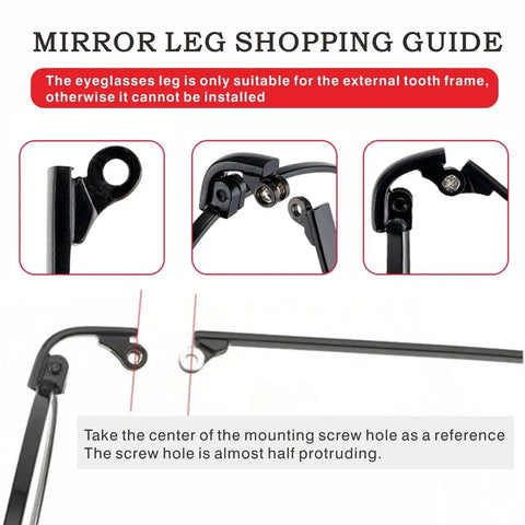 Sturdy Metal Eyeglass Temple Arms Universal Glasses Leg Replacement Kit With Included Screws For No Sweat Eyewear Repair And Totally Fresh Spectacle Vibe Upgrade Black installation guide image showing screw hole positions.