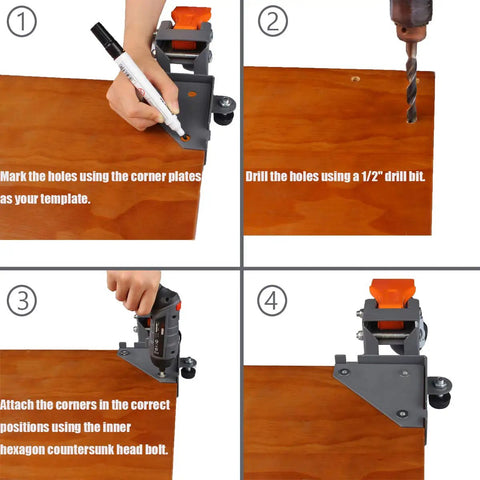 Step-by-step assembly of heavy duty mobile base wheels kit for woodworking equipment 400 lb capacity, 3 inch rubber casters shown on wooden panel.
