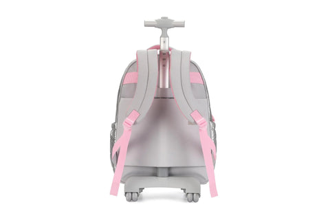 Back view of 17 Inch Water Resistant Wheeled Laptop Backpack With Convertible Rolling Bag Design in silver with pink straps