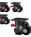 Built Like A Tank 2 Inch Heavy Duty Low Profile Leveling Casters With Brake Swivel Set Of Four in black with red handle for workbenches.