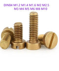 Hotrod Grade Brass Cheese Head Screws With Smooth Slotted Drive For Hardcore Woodworking Builds And Easy DIY Fixes DIN84 Metric Machine Fasteners M1 Through M8, displayed in varying sizes.
