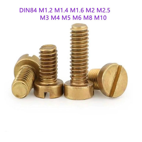 Hotrod Grade Brass Cheese Head Screws With Smooth Slotted Drive For Hardcore Woodworking Builds And Easy DIY Fixes DIN84 Metric Machine Fasteners M1 Through M8, displayed in varying sizes.