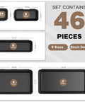 Diagram showing 46-piece tool box organizer tray set dimensions with 5 sizes, 2-inch depth and labeled quantity for desk drawers.