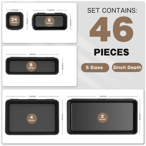 Diagram showing 46-piece tool box organizer tray set dimensions with 5 sizes, 2-inch depth and labeled quantity for desk drawers.