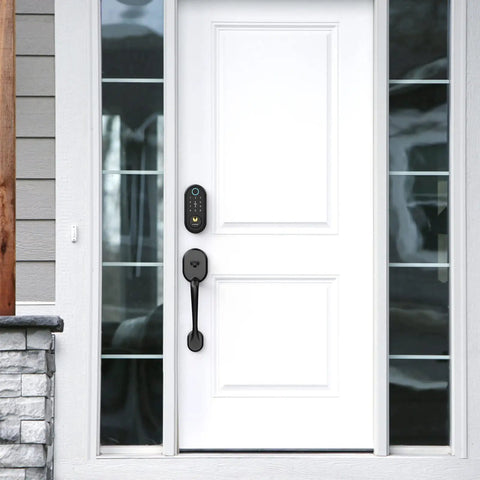 Slick Bluetooth Smart Deadbolt Featuring Quick Fingerprint Access And Touchscreen Keypad Plus Remote App Monitoring For Hassle Free Home Security Setup Black installed on a white door.