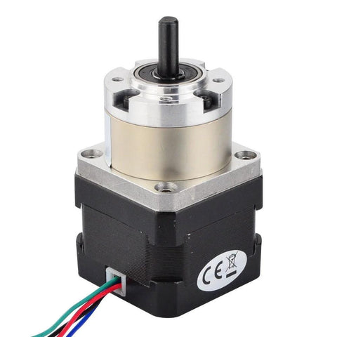 Front view: NEMA 17 stepper motor with 5:1 planetary gearbox, CE marked, black body, silver housing, exposed shaft