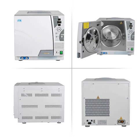 23 Liter Class B Steam Autoclave With Built In Printer Hella Large Vacuum Washer Disinfector For Tattoo Studios Beauty Salons Clinics And Labs showing front, side, and back views.