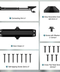 Automatic Door Closer For Home And Light Commercial Use, Adjustable Closing Speed, components including arm, screws, and cover