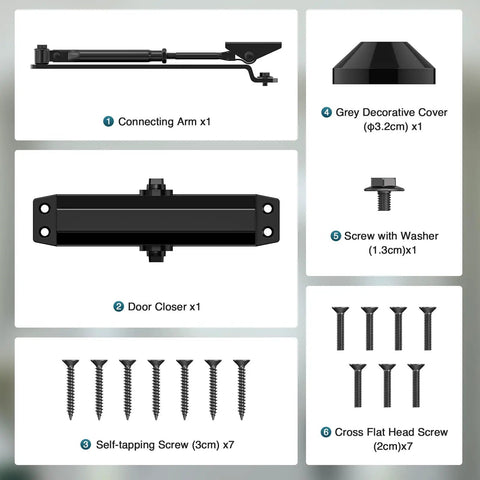 Automatic Door Closer For Home And Light Commercial Use, Adjustable Closing Speed, components including arm, screws, and cover