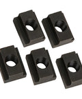 5 Pieces T Slot Nuts In 45 Steel With Black Oxide Finish For CNC Machine, Router Table And Drill Press Workholding And Clamping, Heavy Duty Secure Threaded Fasteners For Precision Fixtures And Fixturing. Five black oxide T-slot nuts, 45 steel, top view.