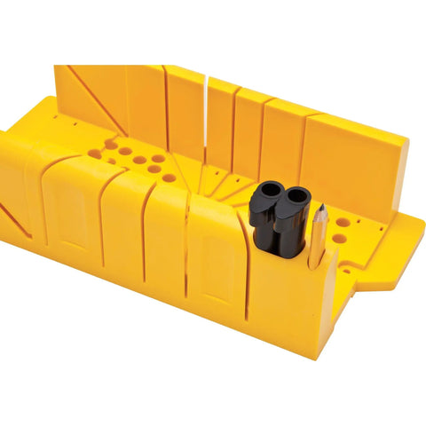 Yellow miter box for clean 90 45 and 22.5 degree angled cuts with storage for pencils, rugged for baseboard and trim corners