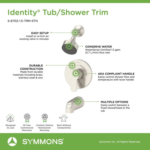 Identity Single Handle Tub And Shower Faucet Trim In Satin Nickel, 1 Spray, 1.5 GPM, Valve Not Included, brass construction