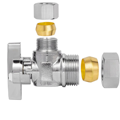 Breezliy heavy-duty chrome angle stop valve pair with compression fittings; 1/2 in nominal to 5/8 in OD and 3/8 in OD; brass.