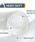 Close-up of 4 Inch Anti Static Dust Collection Hose 10 Feet Flexible PVC showing anti-static, steel spring, and kink-proof features.