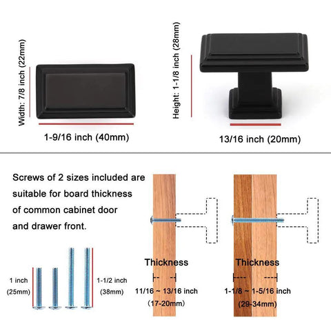 Dimensions and screws for Oil Rubbed Bronze Cabinet Knobs 10 Pack Rectangular Single Hole Pulls For Cabinets Drawers Dresser Cupboard Bedroom Closet Bathroom K07 Heavy Duty Solid Metal Construction Easy To Install Hardware Set For Humid Environments