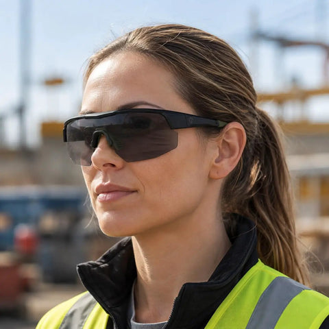 Boss Level Z87 Plus Impact Rated Safety Glasses Featuring Hella Slick Photochromic Lenses on a woman in a reflective vest outdoors.