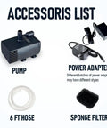 Automatic Sump Pump With Water Sensor For Condensate Removal From Dehumidifiers accessory list featuring pump, power adapter, hose, sponge filter