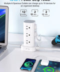 Power Strip Tower With 12 AC Outlets And 4 USB Ports 2 USB C 2 USB A For Home Office Dorm Room Flat Plug Surge Protector 6ft Cord Charging Station 16 In 1 White on desk with devices charging