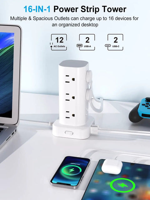 Power Strip Tower With 12 AC Outlets And 4 USB Ports 2 USB C 2 USB A For Home Office Dorm Room Flat Plug Surge Protector 6ft Cord Charging Station 16 In 1 White on desk with devices charging