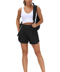 Woman wearing Women's High Waist Running Shorts With Liner For Athletic Training And Hiking Zip Pockets And Back Pocket Secure No Roll Waistband
