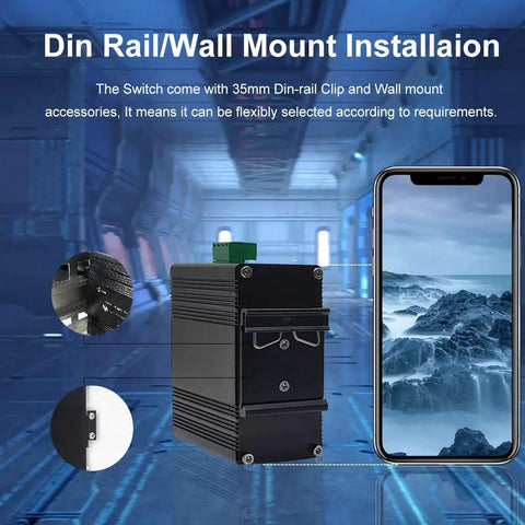 Unmanaged 10 Port Gigabit Ethernet Switch mounted on DIN rail, shown with mobile interface, for outdoor harsh environments