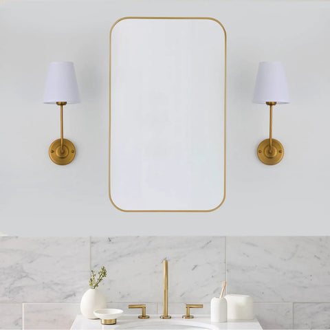 Hardwired Wall Sconce Set Of 2 With Flared White Textile Shade And Curved Arm In Antique Brass Finish For A Cozy Modern Bedroom Vanity Glow E26 Socket Dimmable LED Friendly 110V To 120V 60W Max