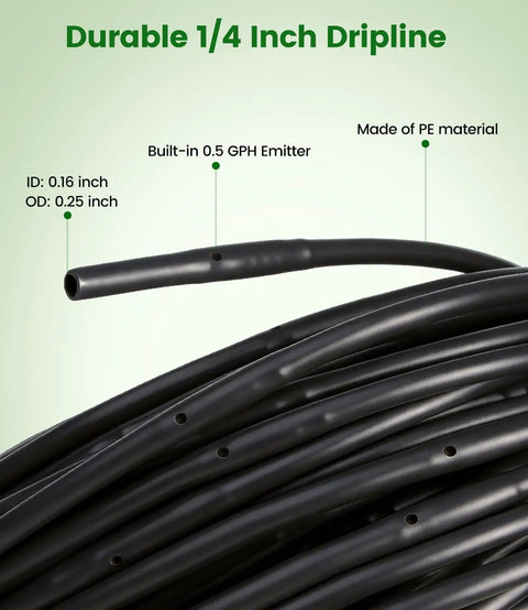250 Ft Drip Irrigation Kit With Half Inch Tubing And Quarter Inch Dripline Plus Quick Connect Fittings For Garden Beds And Greenhouse Watering UV Resistant PVC And PE Materials Easy Setup featuring 1/4 inch PE dripline