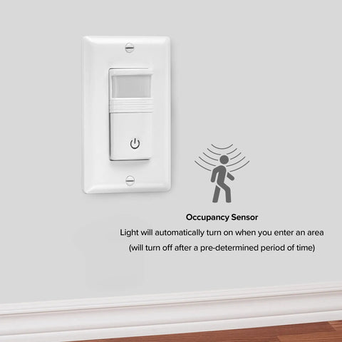 White Occupancy Vacancy Motion Sensor PIR Wall Switch With Three Way Or Single Pole Configuration, wall plate included, installed