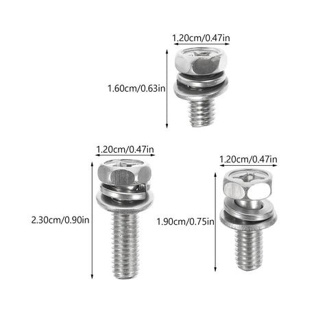 18 Piece M6 Stainless Steel Hex Head Battery Terminal Bolt And Nut Kit With Flat Washers for size and dimensions illustration.