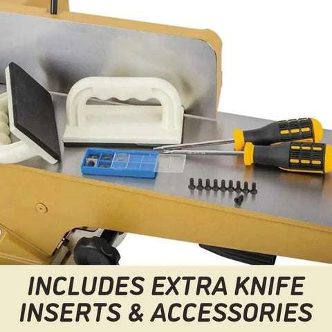 Pro Six Inch Jointer With Helical Cutterhead And One Horsepower Motor features extra knife inserts and accessories for enhanced cutting.
