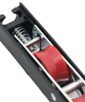 Close-up of Heavy Duty Sliding Door Rollers 4 Pack Dual Wheel Pulley Kit showing red wheels and metal spring mechanism.